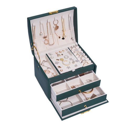 Three-Layer Leather Drawer Type Jewelry Storage Box Earrings Box With Lock, Three-Layer (Nude Pink), Three-Layer (Navy Blue), Three-Layer (Creamy White), Three-Layer (Dark Green)