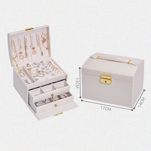 Three-Layer Leather Drawer Type Jewelry Storage Box Earrings Box With Lock, Three-Layer (Nude Pink), Three-Layer (Navy Blue), Three-Layer (Creamy White), Three-Layer (Dark Green)