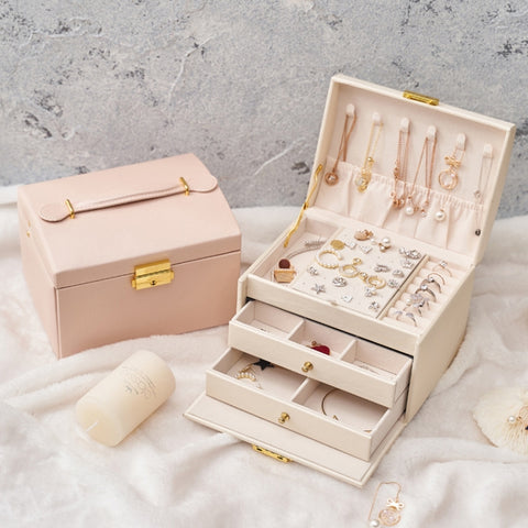 Three-Layer Leather Drawer Type Jewelry Storage Box Earrings Box With Lock, Three-Layer (Nude Pink), Three-Layer (Navy Blue), Three-Layer (Creamy White), Three-Layer (Dark Green)