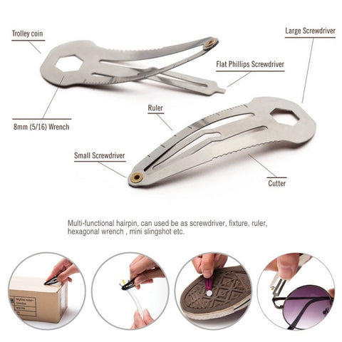2 PCS 8 in 1 Multifunctional Hair Clip Outdoor Self-Defense First Aid Tool, 2 PCS 8 in 1 (Black), 2 PCS 8 in 1 (Silver)