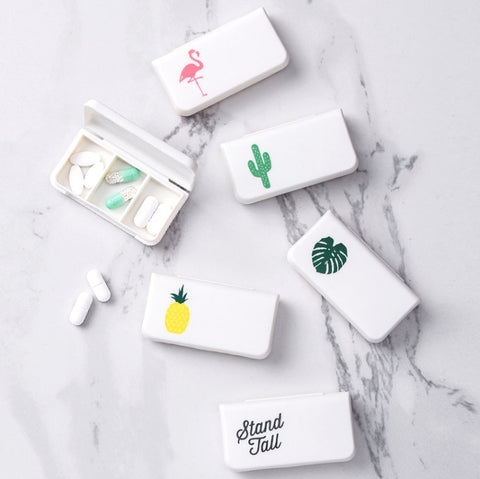 8 PCS Small Portable Moisture-proof Sealed Medicine Box 3 Compartments A Day Medicine Divided, Flamingo, Cactus, Turtle Leaf, Pineapple, Letter