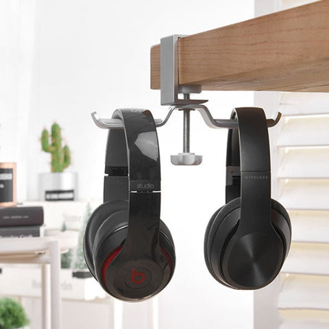 Universal Metal Headphone Double Bracket Headphone Hanger Desktop Lock Clip Headphone Display Shelf, Black, Silver