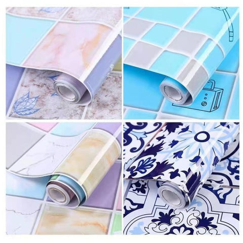 Kitchen Anti-Smoke Tile Wall Stickers Stove Wallpaper, Happy Every Day, Purple Vine, Blossoming Flowers, Blue Ans White Porcelain