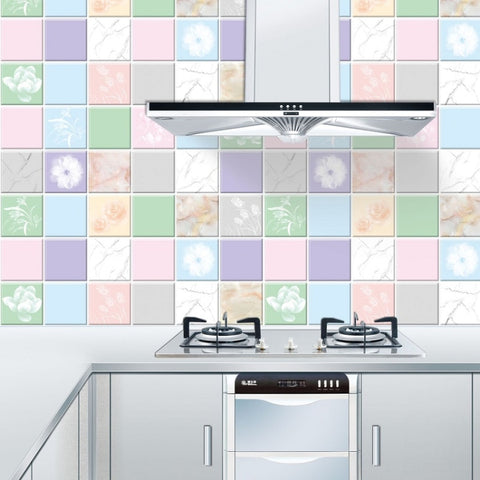 Kitchen Anti-Smoke Tile Wall Stickers Stove Wallpaper, Happy Every Day, Purple Vine, Blossoming Flowers, Blue Ans White Porcelain