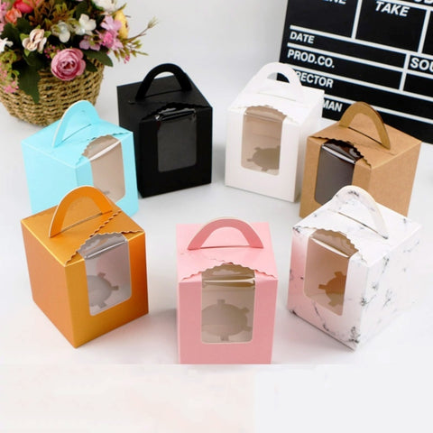 30 PCS Transparent Window 1 Piece Cardboard Portable Cup Cake Box Mousse Pastry Box, White, Gold, Marble, Cowhide Color, Blue, Black, Pink, Green, Red