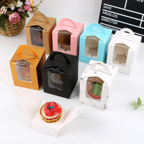 30 PCS Transparent Window 1 Piece Cardboard Portable Cup Cake Box Mousse Pastry Box, White, Gold, Marble, Cowhide Color, Blue, Black, Pink, Green, Red