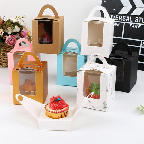 30 PCS Transparent Window 1 Piece Cardboard Portable Cup Cake Box Mousse Pastry Box, White, Gold, Marble, Cowhide Color, Blue, Black, Pink, Green, Red