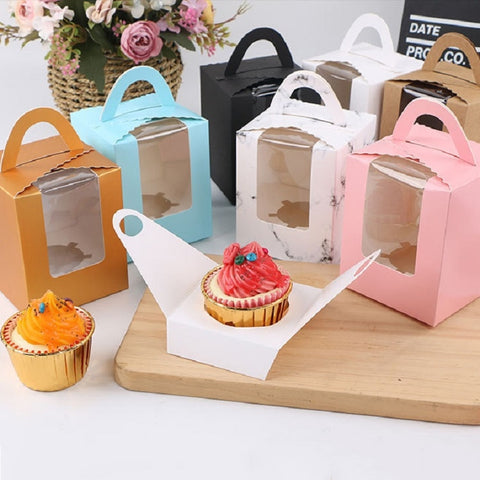 30 PCS Transparent Window 1 Piece Cardboard Portable Cup Cake Box Mousse Pastry Box, White, Gold, Marble, Cowhide Color, Blue, Black, Pink, Green, Red