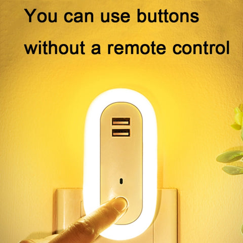 Remote Control Timer Dimming Night Light Bedroom Socket LED Wall Light, CN Plug, Dual-USB, Regular