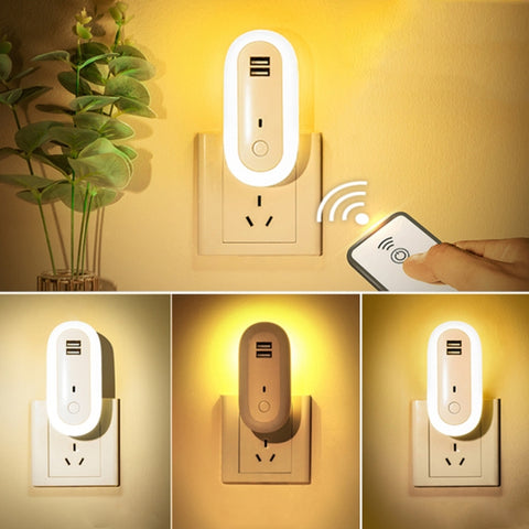 Remote Control Timer Dimming Night Light Bedroom Socket LED Wall Light, CN Plug, Dual-USB, Regular