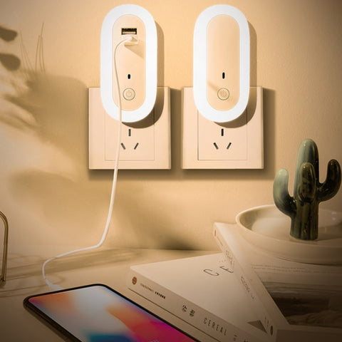 Remote Control Timer Dimming Night Light Bedroom Socket LED Wall Light, CN Plug, Dual-USB, Regular