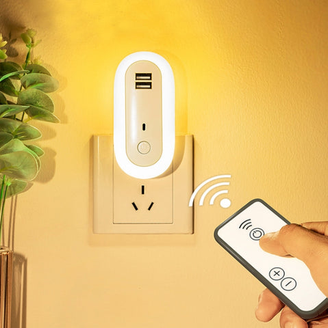 Remote Control Timer Dimming Night Light Bedroom Socket LED Wall Light, CN Plug, Dual-USB, Regular