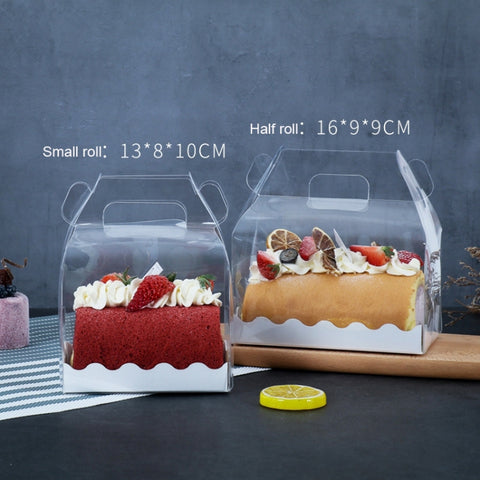 50 Pieces Portable Long Cake Roll Transparent Box Pastry Baking Packaging Box, Small Roll (13x8x10cm), Half Roll (16x9x9cm)