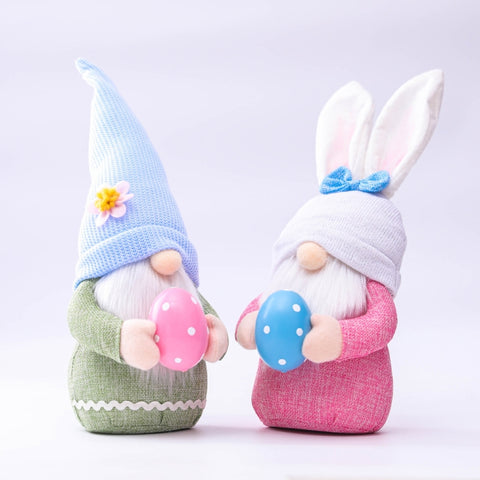 2 PCS Easter Pink Ears Plaid Bunny Dwarf Doll Elf Doll Ornaments Home Decoration Products, Faceless Men, Bunny