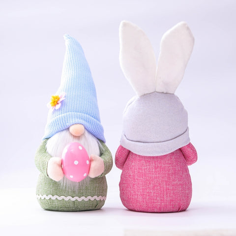 2 PCS Easter Pink Ears Plaid Bunny Dwarf Doll Elf Doll Ornaments Home Decoration Products, Faceless Men, Bunny