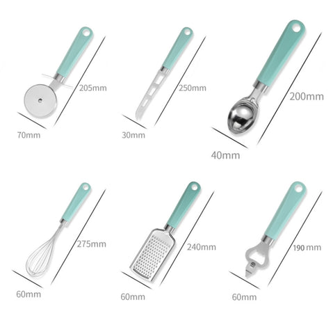 9 in 1 Plastic Handle Stainless Steel Kitchen Utensils Household Gadget Set, Cyan, Black