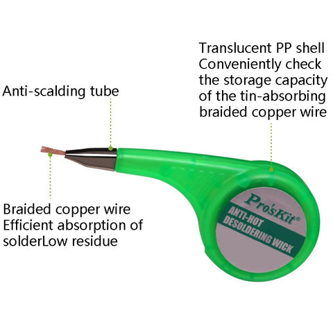 ProsKit Anti-Scalding Tin Suction Wire Tin Suction Tape, DP-033A 2mx1.5mm, DP-033B 2mx2mm, DP-033C 2mx2.5mm, DP-033D 1.5mx3mm, DP-033E 1.5mx3.5mm
