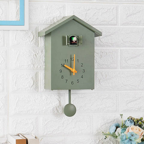 T60 Cuckoo Clock The Bird Reports On The Hour Clock, White, Green, Blue, Gray Top, Orange Top