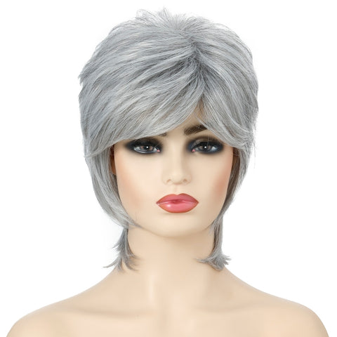 Short Hair Female Wigs Fluffy Fiber Set, Silver White
