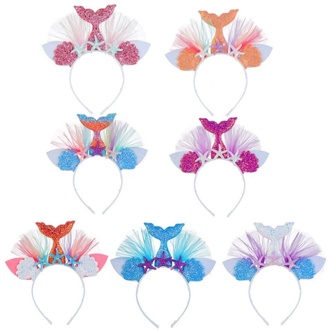 Rainbow Mermaid Headband Children Party Hair Accessories Net Gauze Flower Animal Hair Accessories, White, Blue, Plum Red, Orange, Colorful, Purple, Pink