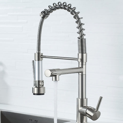 Copper And Nickel Brushed Double Outlet Spring Faucet Rotatable Kitchen Hot And Cold Water Faucet, Brushed Silver