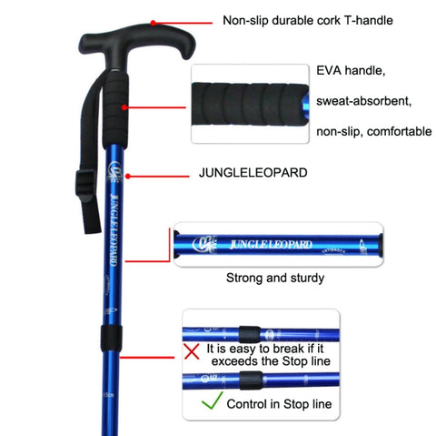 JUNGLELEOPARD Four-Section Curved Handle Aluminum Alloy Trekking Pole, Red#52-110cm, Black#52-110cm, Blue#52-110cm, Silver White#52-110cm