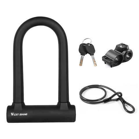 West Biking Bike Lock Motorcycle Wire Lock Anti-Hydraulic Pressure Cut Anti-Theft Lock, U-shaped Lock, U-shaped Lock+Cable