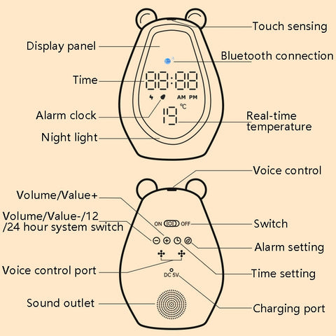 Bear Alarm Clock LED Digital Silent Bedside Lamp Bluetooth Speaker USB Charging Children Cartoon Night Light, Bluetooth Version, Bluetooth+Small Program Version