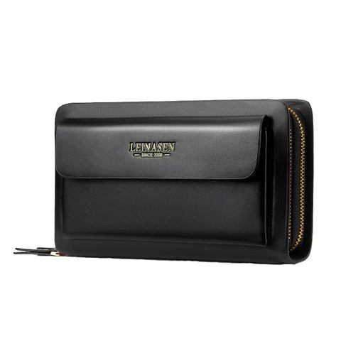 LEINASEN A82 Handbag Men Business Clips Long Big Capacity Casual Multi-Card Zipper, Black, Brown