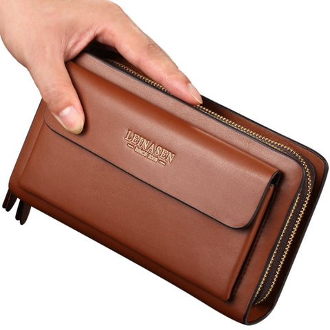 LEINASEN A82 Handbag Men Business Clips Long Big Capacity Casual Multi-Card Zipper, Black, Brown
