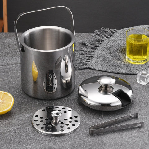 304 Stainless Steel Ice Bucket Double-Layer Hollow Bar Beer Wine Barrel With Ice Clip, Capacity: 1.3L, 1.3L With Ice Clip