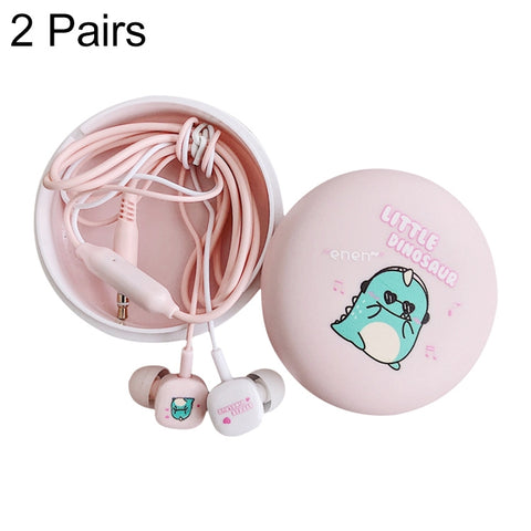 2 Pairs Cartoon Pattern Heavy Bass In-Ear Headphones Universal Wired Headphones with Microphone, White, Pink, Black, Light Blue