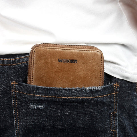 WEIXIER W98 Men Hand Take Short Wallet Zipper Bag, Dark Brown, Khaki, Black