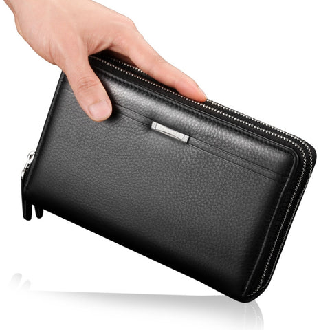 LEINASEN A80 Multi-Card Men Hand Bag Double Zip Big Capacity Wallet, Brown, Black