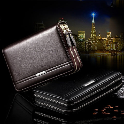 LEINASEN A80 Multi-Card Men Hand Bag Double Zip Big Capacity Wallet, Brown, Black