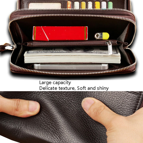 LEINASEN A80 Multi-Card Men Hand Bag Double Zip Big Capacity Wallet, Brown, Black