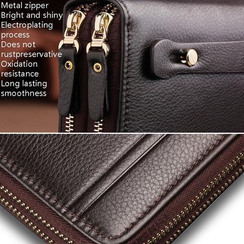 LEINASEN A80 Multi-Card Men Hand Bag Double Zip Big Capacity Wallet, Brown, Black