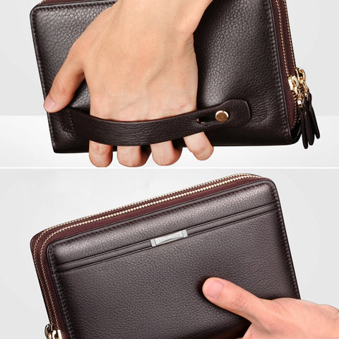 LEINASEN A80 Multi-Card Men Hand Bag Double Zip Big Capacity Wallet, Brown, Black