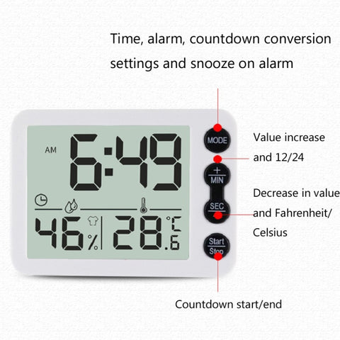 Multifunctional Indoor Thermometer And Hygrometer Large Screen Alarm Clock Kitchen Electronic Countdown Timer, Black Shell Black Button, White Shell Black Button, White Shell Red Button, White Shell Green Button, White Shell Blue Button