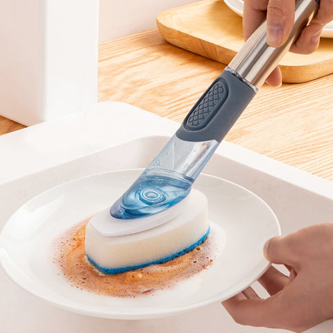 Kitchen Oil Dirty Pan Brush Can Add Detergent Sponge Brush Long Handle Cleaning Brush, Blue, Pink, Gray