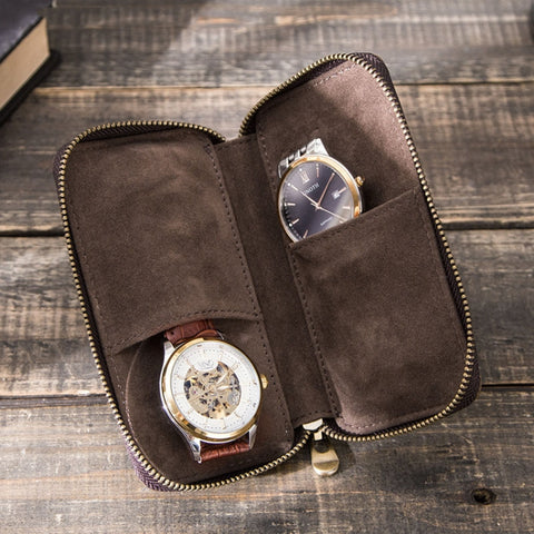 Contacts Family  CF1114 Leather Watch Box Retro Crazy Horse Leather Zipper Couple Watch Bag, CF1114