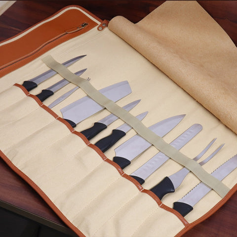 WESSLECO Chef Knife Storage Bag Portable Roll Knife Storage Bag, Portable Roll Black, WESSLECO Brown