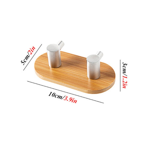 2 PCS Stainless Steel Bamboo Double Row Hook Kitchen Bathroom Door Adhesive Solid Wood Hook, Adhesive Wood Hook