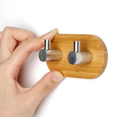 2 PCS Stainless Steel Bamboo Double Row Hook Kitchen Bathroom Door Adhesive Solid Wood Hook, Adhesive Wood Hook