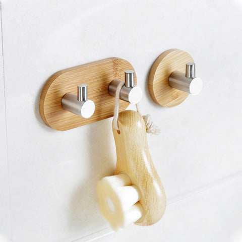 2 PCS Stainless Steel Bamboo Double Row Hook Kitchen Bathroom Door Adhesive Solid Wood Hook, Adhesive Wood Hook