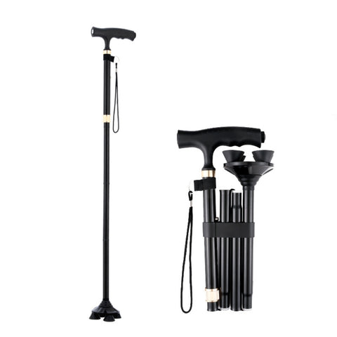 TBS-009 Four-Legged Folding Elderly Crutches Aluminum Alloy Light And Multifunctional Non-Slip Crutches With Light, TBS-009(Black), TBS-009(Brown)