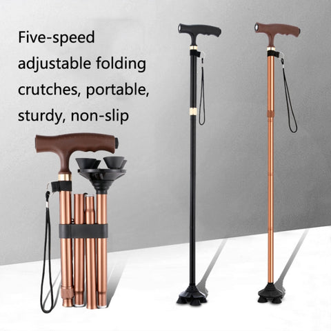 TBS-009 Four-Legged Folding Elderly Crutches Aluminum Alloy Light And Multifunctional Non-Slip Crutches With Light, TBS-009(Black), TBS-009(Brown)