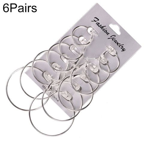 6 Pairs/Set Women Steampunk Fashion Circle Hoop Earrings, Glod, Silver
