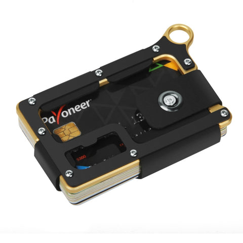 Aluminum Alloy Card Holder Leather Wallet Multifunctional Adjustable Snap Button Pocket Wallet, Black, Gold