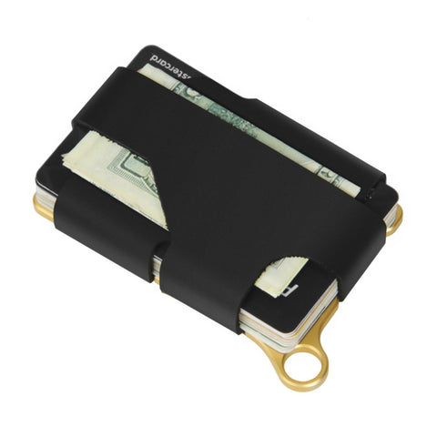 Aluminum Alloy Card Holder Leather Wallet Multifunctional Adjustable Snap Button Pocket Wallet, Black, Gold